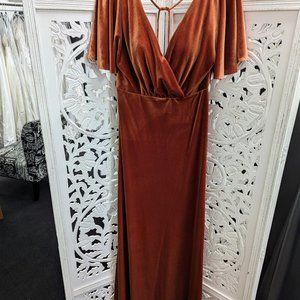 Stretch Velvet Dress with Flutter Sleeves Burnt Orange